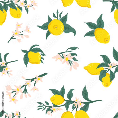 Summer tropical seamless pattern with colorful lemons and flowers.Vector citrus fruits background. Modern exotic floral design for paper, cover, fabric, interior decor and other users.
