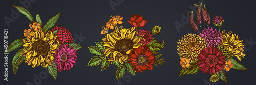 Flower bouquet of colored poppy flower, gerbera, sunflower, milkweed, dahlia, veronica