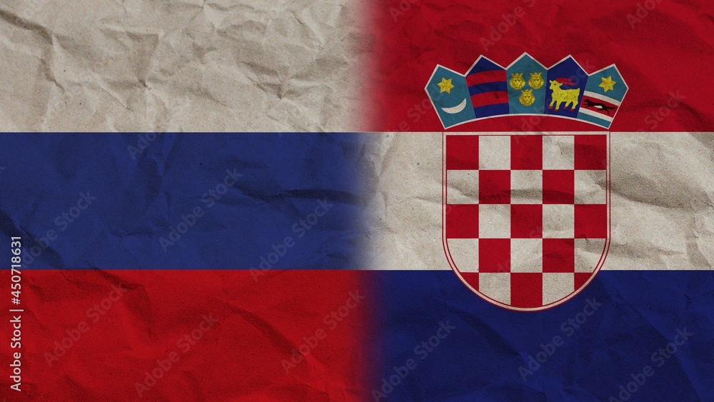 Croatia and Russia Flags Together, Crumpled Paper Effect Background 3D Illustration