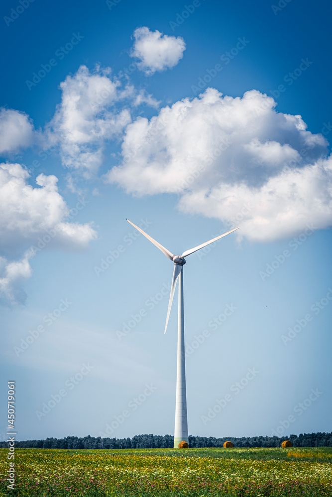 Wind turbines in agricultural grass field on a summer day with blue sky background Wind turbines in agricultural grass field on a summer day with blue sky background