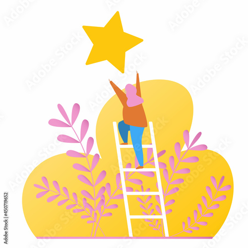 Business woman climbing the stairs in the sky. Ladder of success and career growth ambitions conceptual illustration vector.