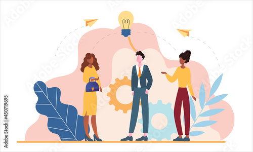Young male and female characters are standing together to create an idea. Concept of tangled tangle, brainstorming, beginning, solving business problems. Flat cartoon vector illustration