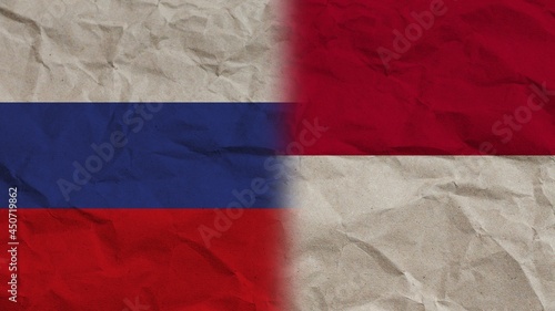 Indonesia and Russia Flags Together, Crumpled Paper Effect Background 3D Illustration