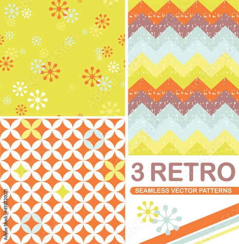 3 Geometric Retro Seamless Vector Patterns. Late 1960 to early 1980s colors. Repeating patterns are great for webpage backgrounds, packaging, or surface designs.