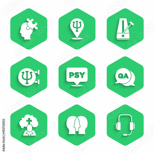 Set Psychology, Psi, Bipolar disorder, Psychologist online, Question and Answer, Man graves funeral sorrow, Metronome with pendulum and Solution to the problem icon. Vector