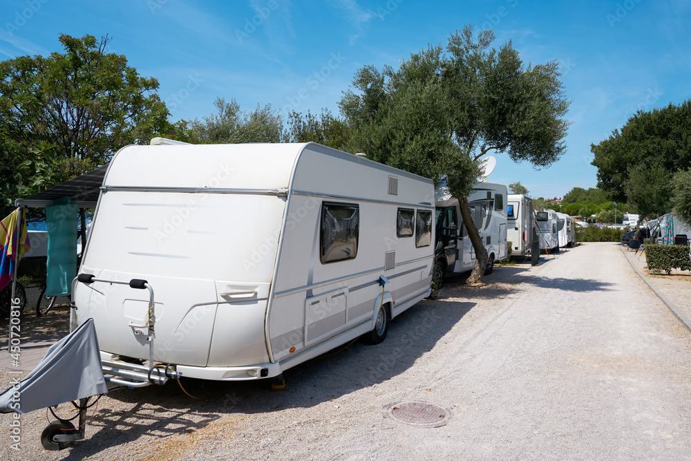 Mobile homes on a popular campsite on the island of Krk near the town of the same name Krk in Croatia