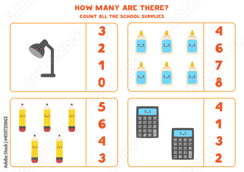 Counting game with cute kawaii school supplies. Math worksheet.