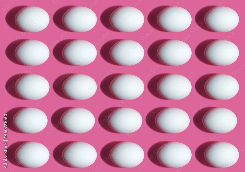Seamless pattern with white chicken eggs with hard shadows on pink background