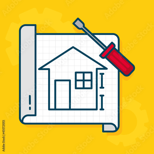 blueprint and screwdriver tool