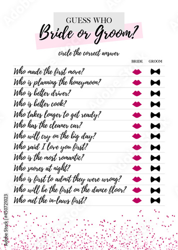 Bachelorette party, wedding or bridal shower handwritten calligraphy printable vector card. Guess Who Bride or Groom Game.