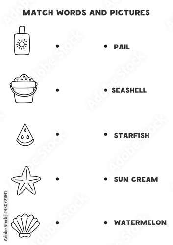 Matching summer elements and words. Educational game for kids.