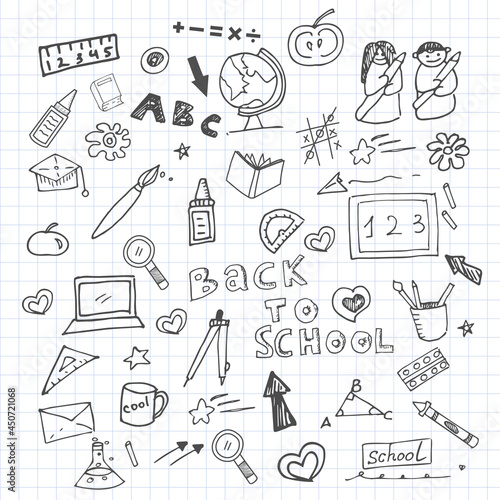 Hand drawn doodles with school elements, back to school for the start of the school year with paper background