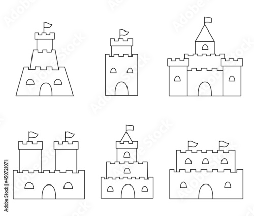 Collection of black and white sand castles. Coloring page.