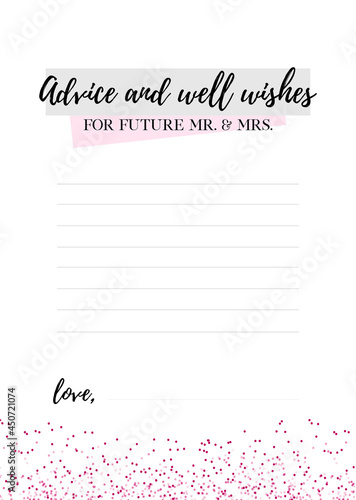 Bachelorette party, wedding or bridal shower handwritten calligraphy printable vector card. Advice or well wishes to future Mr. and Mrs.