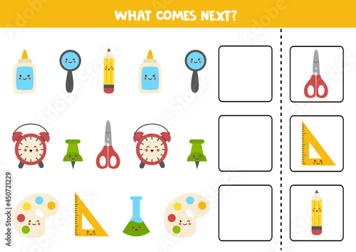 What comes next game with cute kawaii school supplies.