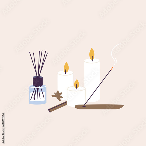 Vector illustration set of organic and natural products for spa and wellness procedure. Aroma sticks and candles with essecial oil, herbal lotion.