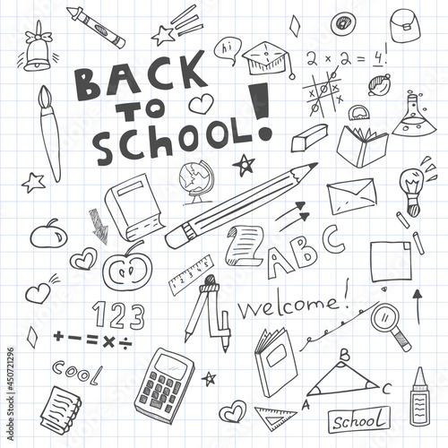 Hand drawn doodles with school elements, back to school at the beginning of the school year with paper background, stars