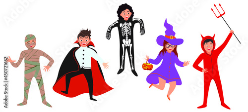 Set of boys and girls wearing Halloween costumes isolated on white background. Cartoon vector characters witch, dracula, devil, skeleton, mummy, for party, web, mascot