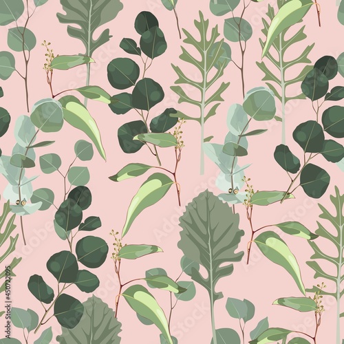 Greenery seamless pattern with eucalyptus branch and herbs for wedding card  fabric  textile  wrapping. Watercolor style illustration on pink background.