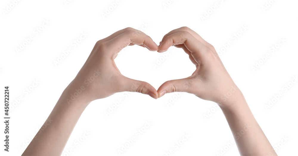 Woman making heart with her hands against white background, closeup Woman making heart with her hands against white background, closeup