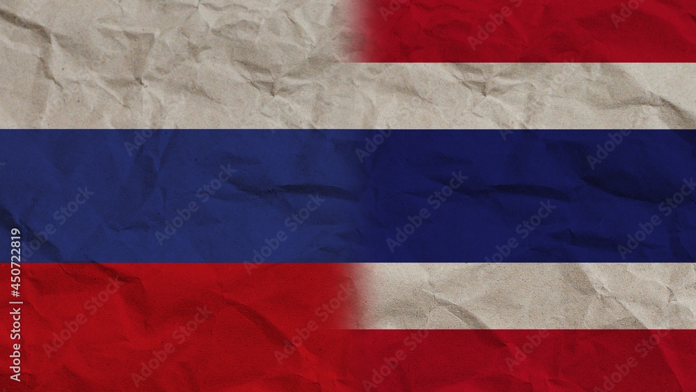 Thailand and Russia Flags Together, Crumpled Paper Effect Background 3D Illustration
