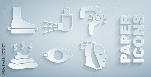 Set Blindness, Gut constipation, Shit, Toothache, Inhaler and Flat foot icon. Vector