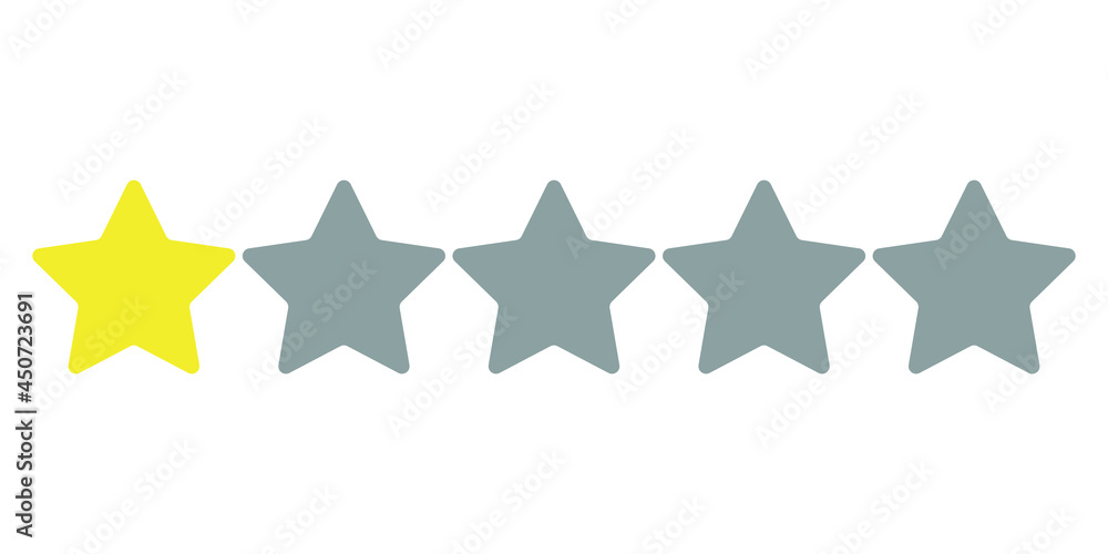 One star in trendy yellow and four gray 2021 on a white background. Rating of sites, hotels, travel packages, online stores, reviews. Vector graphics. One star in trendy yellow and four gray 2021 on a white background. Rating of sites, hotels, travel packages, online stores, reviews. Vector graphics.