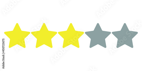 Three stars in trendy yellow and two gray 2021 on a white background. Rating of sites, hotels, travel packages, online stores, reviews. Vector graphics.