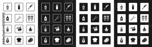 Set Knife, Barbecue fork, Tabasco sauce, Ketchup bottle, Stereo speaker, Lighter, Kitchen apron and Camping gas stove icon. Vector