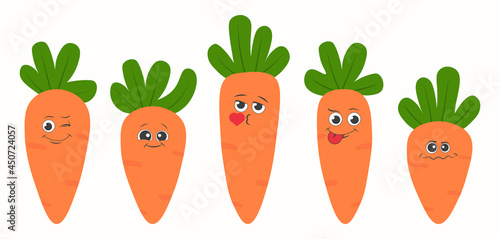 Set of cute carrots with funny faces on white background. Collection of cute carrot stickers for social media emotional texting. Flat cartoon vector illustration