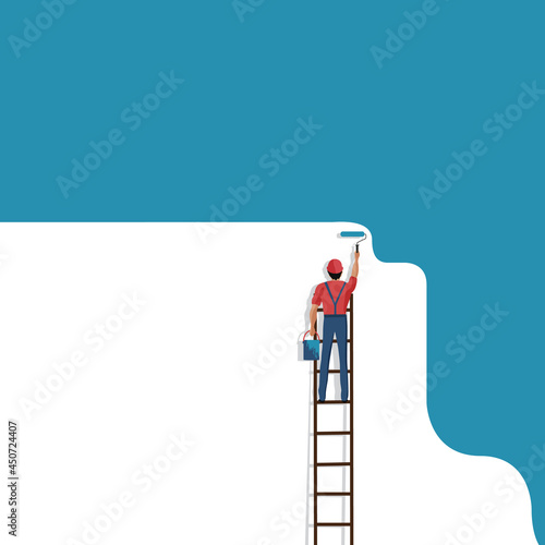 Worker painting wall with roller cartoon vector illustration
