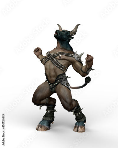 3D illustration of a Minotaur, the mythical creature from Greek mythology, roaring at the sky isolated on a white background.