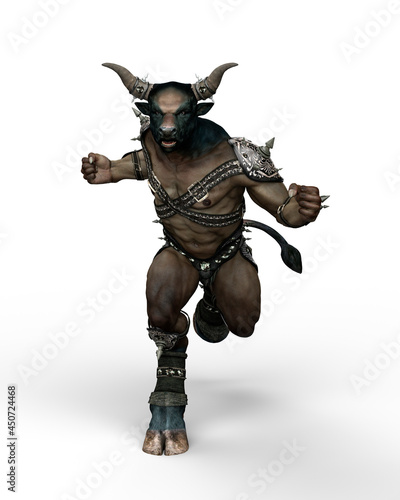 3D illustration of a Minotaur, the mythical creature from Greek mythology, running towards the camera  isolated on a white background. © IG Digital Arts