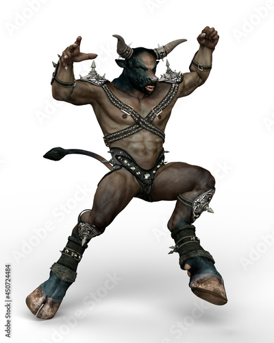 3D illustration of a Minotaur, the mythical part man, part bull monster from Greek mythology, leaping in battle isolated on a white background. © IG Digital Arts