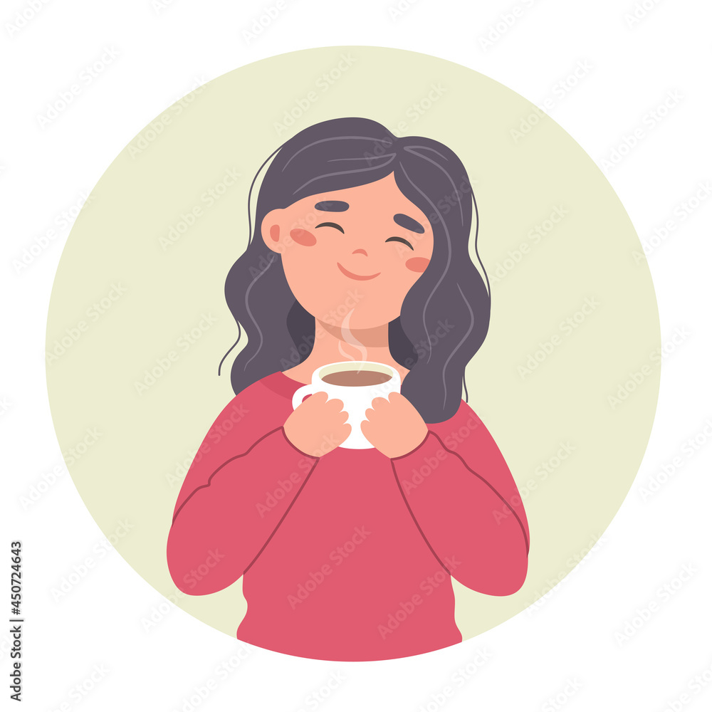 Girl drinking coffee, hand-drawn illustration of a girl with a mug in her hands, avatar. Vector illustration in flat style. Girl drinking coffee, hand-drawn illustration of a girl with a mug in her hands, avatar. Vector illustration in flat style.