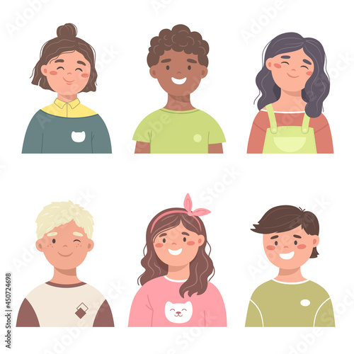 Set of children's avatars. Smiling boys and girls with different hairstyles and ethnicity in flat style. Vector isolated on white background