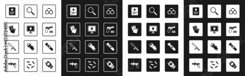 Set Handcuffs, Police database, Plastic bag with ziplock, The arrest warrant, Pistol or gun, Magnifying glass search, Flashlight and rubber baton icon. Vector