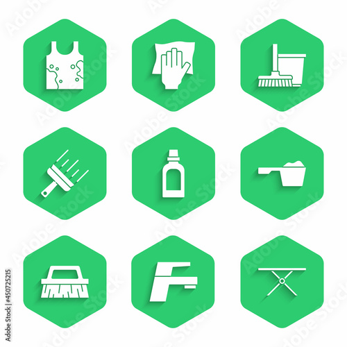 Set Bottle for cleaning agent, Water tap, Ironing board, Washing powder, Brush, Rubber cleaner windows, Mop and bucket and Dirty t-shirt icon. Vector