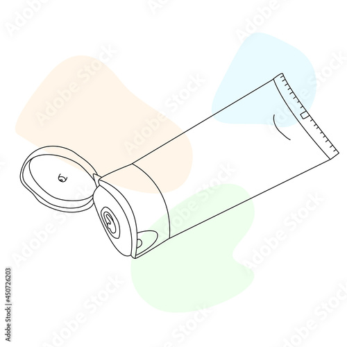 Opened cream tube template. Hand-drawn line art with abstract color spots. 