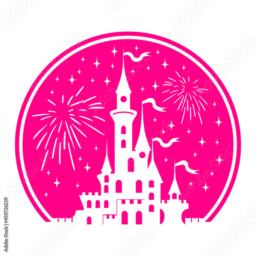 Silhouette of Princess Castle in circle. Fantasy pink palace on the background of fireworks and stars. Fairytale Royal Medieval Paradise Palace. Cartoon vector illustration. photo