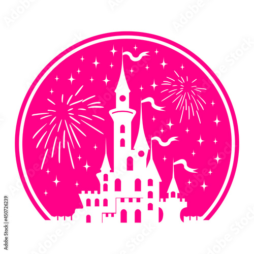 Silhouette of Princess Castle in circle. Fantasy pink palace on the background of fireworks and stars. Fairytale Royal Medieval Paradise Palace. Cartoon vector illustration.
