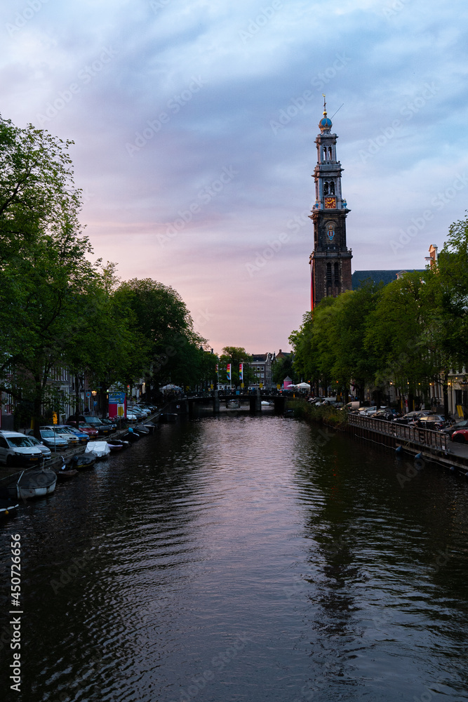 Amsterdam Church and Canal at Sunset