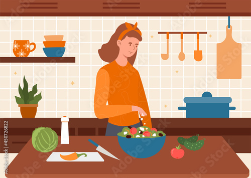 Happy female character is cooking dietary vegetarian salad in the kitchen. Cheerful young woman mixing vegetables in bowl. Making a healthy lunch at home. Flat cartoon vector illustration