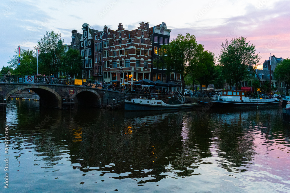 Iconic Amsterdam Houses at Sunset
