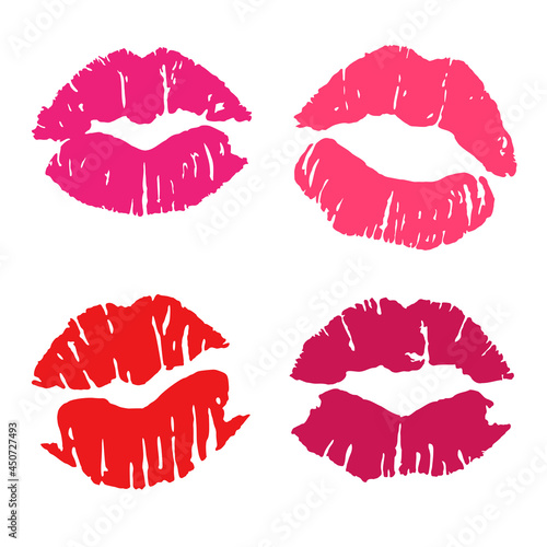 Red lips kiss bundle. Realistick lipstick imprint (ID: 450727493)