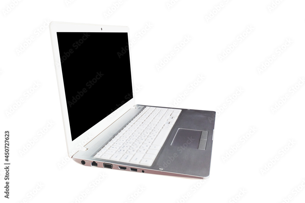 Laptop computer with blank black screen on white background Laptop computer with blank black screen on white background
