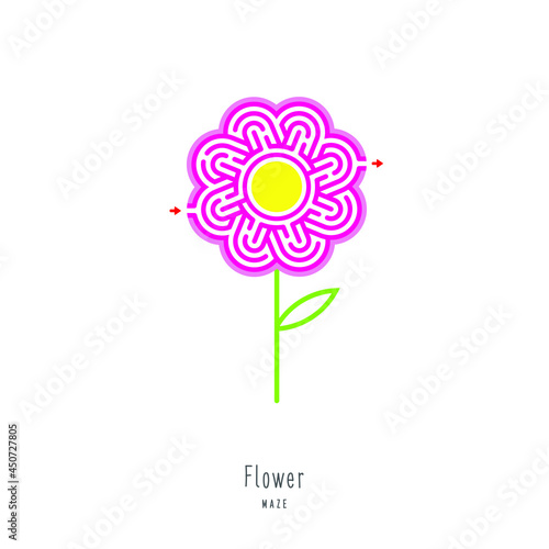 Abstract maze flower. Educational game for children, logic and thinking. Color puzzle. Labyrinth conundrum. Vector illustration isolated on white background. One Entrance, One Exit. Cartoon style.