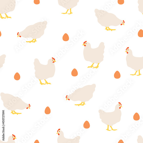 Seamless pattern with hens and eggs on white background. White chickens repeating print.
