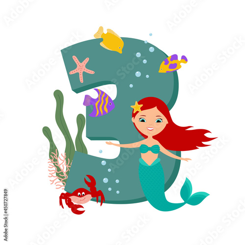 Cute mermaid and marine life. Number Three. Happy Third Birthday. Flat style design. 
