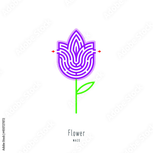 Abstract maze flower. Educational game for children, logic and thinking. Color puzzle. Labyrinth conundrum. Vector illustration isolated on white background. One Entrance, One Exit. Cartoon style.